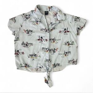 Mickey Mouse Epcot Themes graphic button-up shirt w/ tie detail Women’s Size L